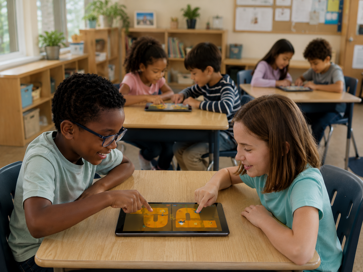 Two students learning together with a classroom iPad activity