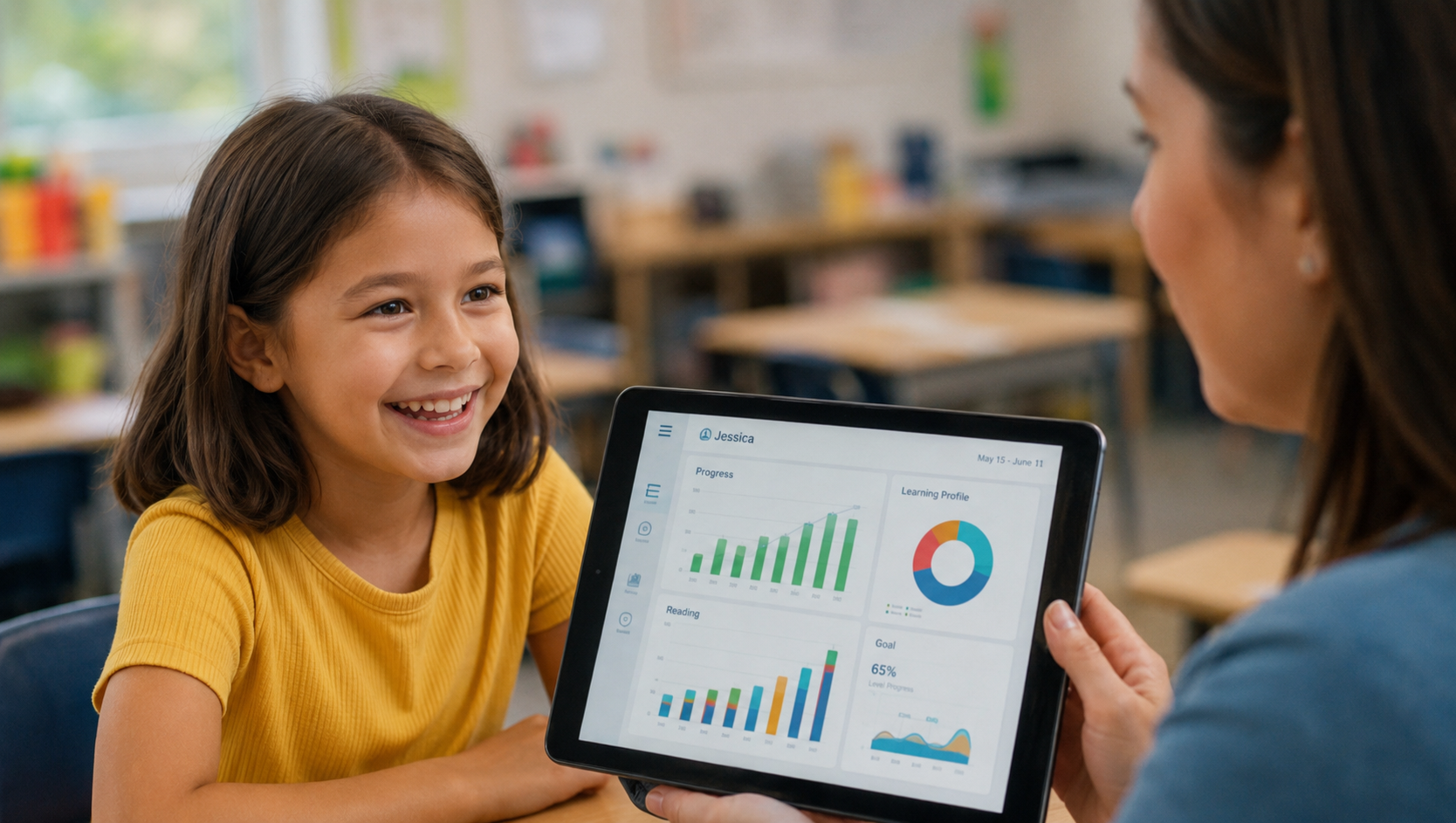 Students and classroom devices showing learning progress during a Kinems activity